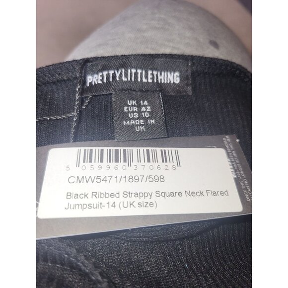PrettyLittleThing Black Ribbed Strappy Square Neck Flared Jumpsuit Size10 - Picture 4 of 6